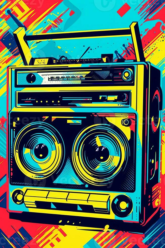 A retro-inspired poster , illustration of a boombox or cassette player with vibrant patterns and colors, symbolizing the music and fashion of the era. Generative AI photo