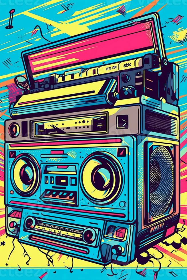 A retro-inspired poster , illustration of a boombox or cassette player with vibrant patterns and colors, symbolizing the music and fashion of the era. Generative AI photo