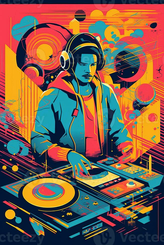 A retro-inspired poster, vector illustration of a DJ with turntables and headphones, surrounded by geometric shapes and vibrant colors, capturing the energy of 80s music culture. Generative AI photo