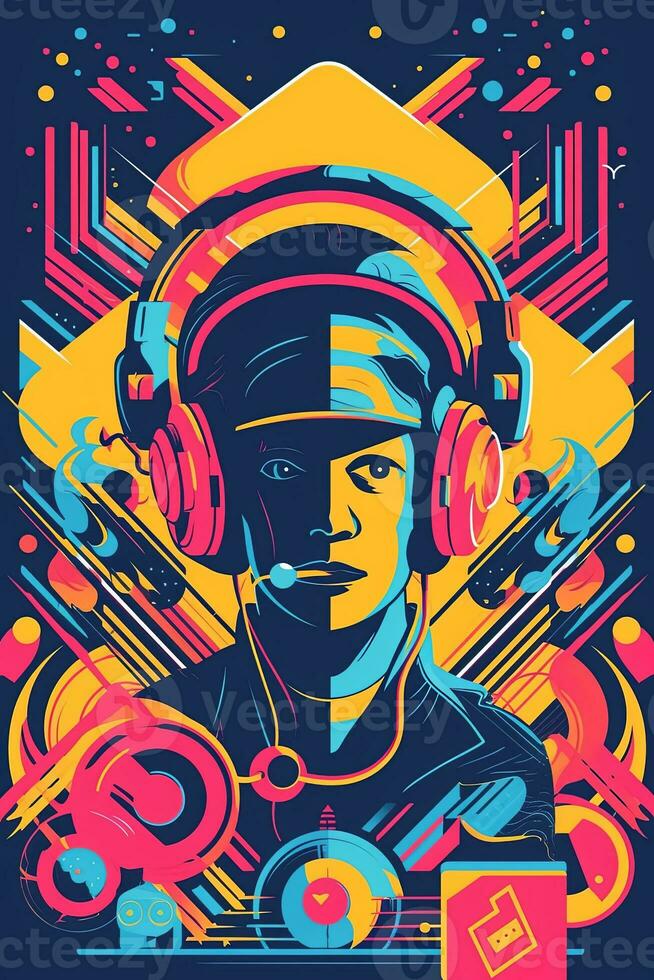 A retro-inspired poster, vector illustration of a DJ with turntables and headphones, surrounded by geometric shapes and vibrant colors, capturing the energy of 80s music culture. Generative AI photo