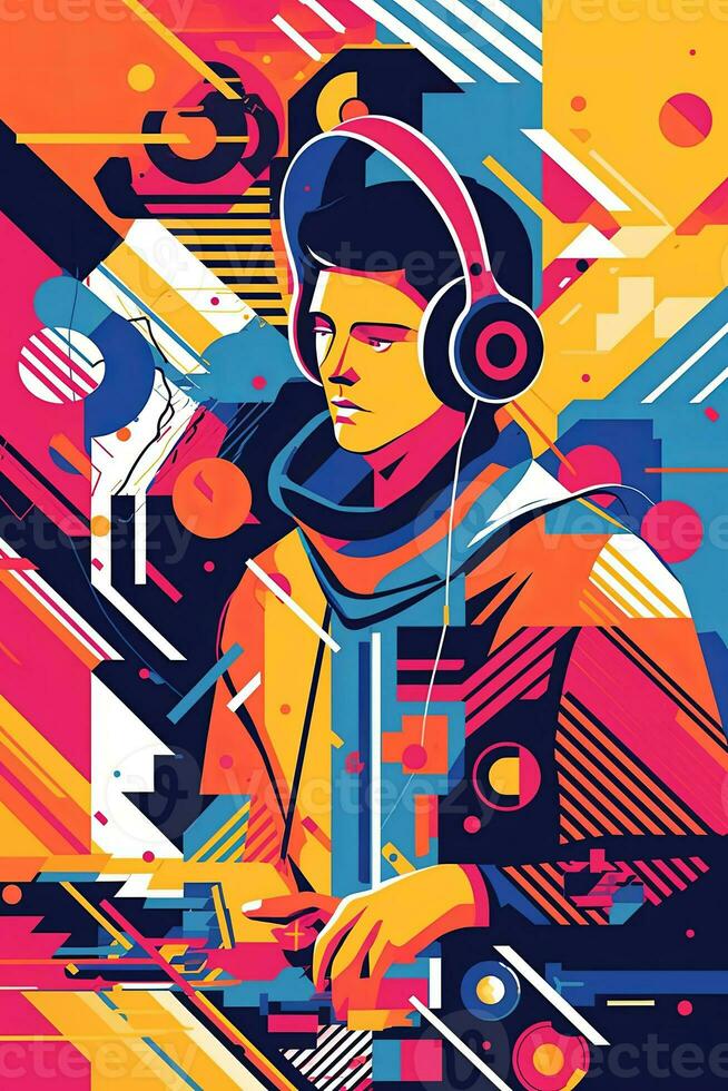 A retro-inspired poster, vector illustration of a DJ with turntables and headphones, surrounded by geometric shapes and vibrant colors, capturing the energy of 80s music culture. Generative AI photo