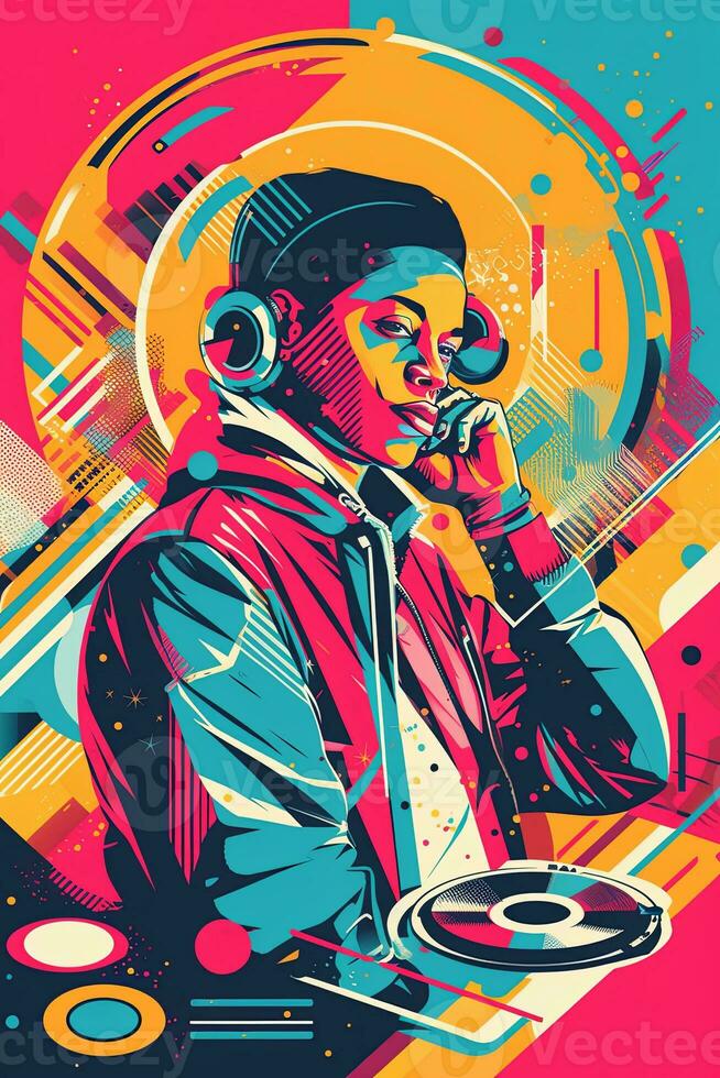 A retro-inspired poster, vector illustration of a DJ with turntables and headphones, surrounded by geometric shapes and vibrant colors, capturing the energy of 80s music culture. Generative AI photo