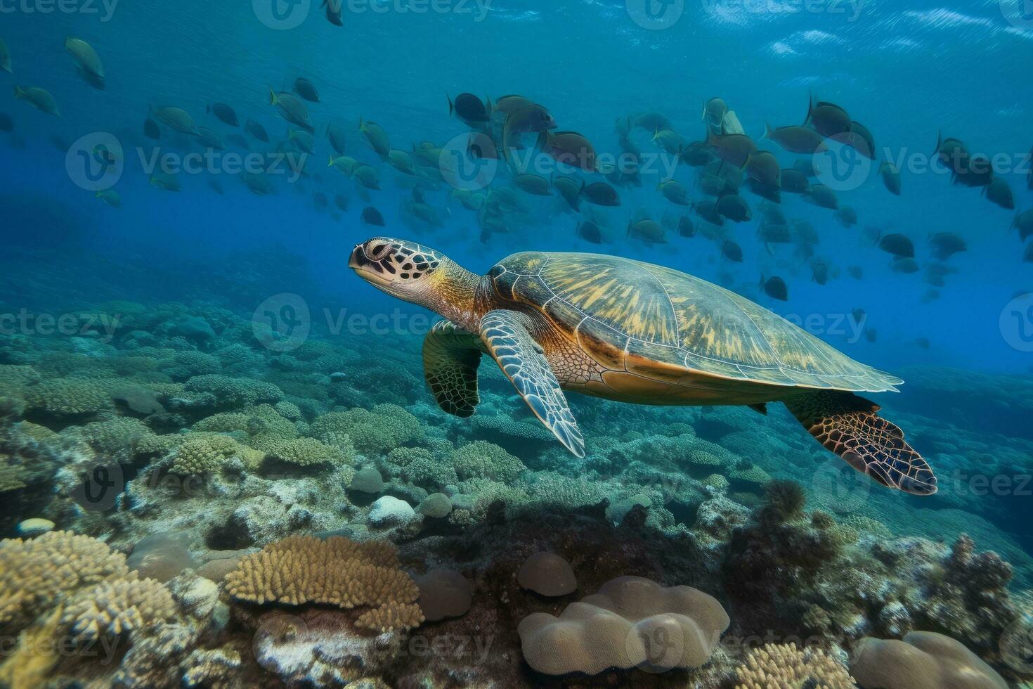 A sea turtle peacefully floating in inky turquoise waters, surrounded by schools of tropical fish and sea lions lazily sunbathing on channel markers. Generative AI photo
