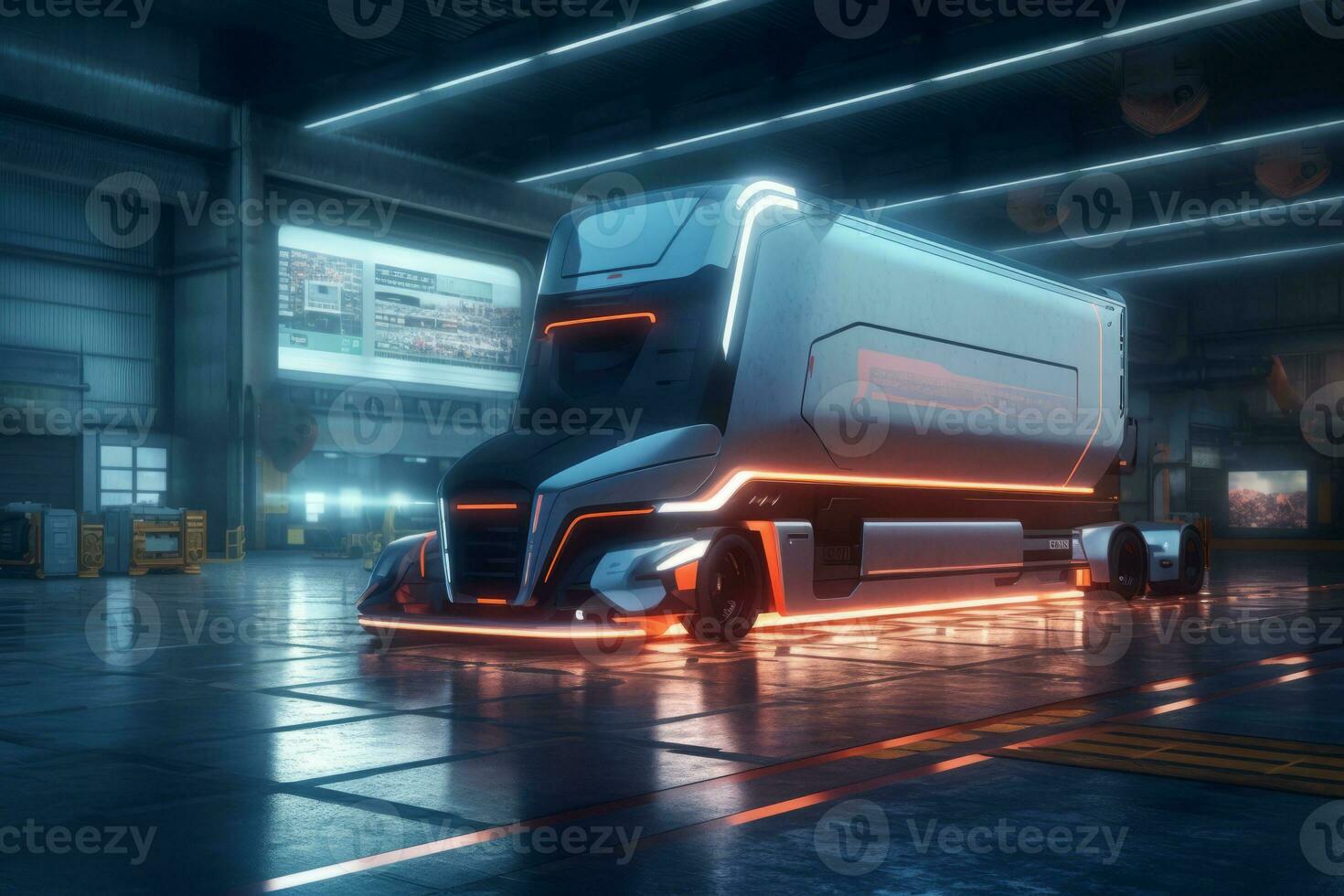 A self-driving truck showcased in a futuristic loading dock, with robotic arms and advanced logistics systems. Concept the automation and precision offered by self-driving trucks. Generative AI photo