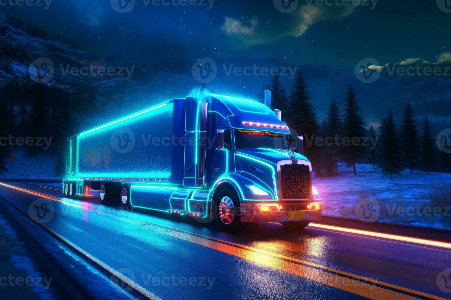 A self-driving truck depicted as a guardian of the road, with a majestic presence and a glowing aura. The image represents the power and reliability of autonomous trucking technology. Generative AI photo