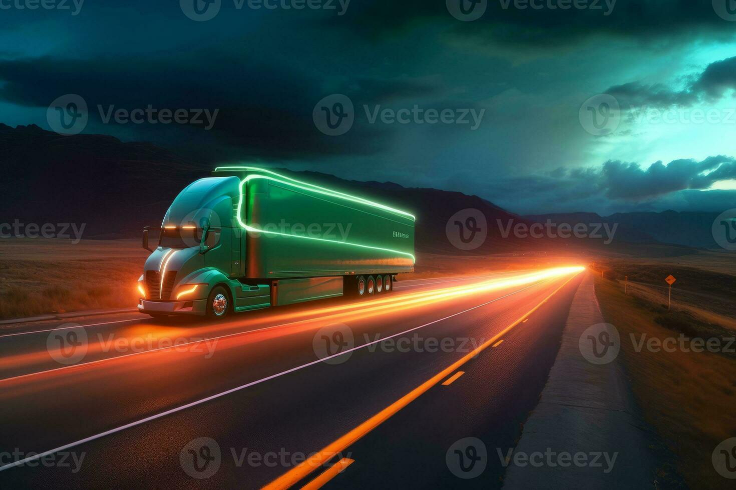A self-driving truck depicted as a guardian of the road, with a majestic presence and a glowing aura. The image represents the power and reliability of autonomous trucking technology. Generative AI photo