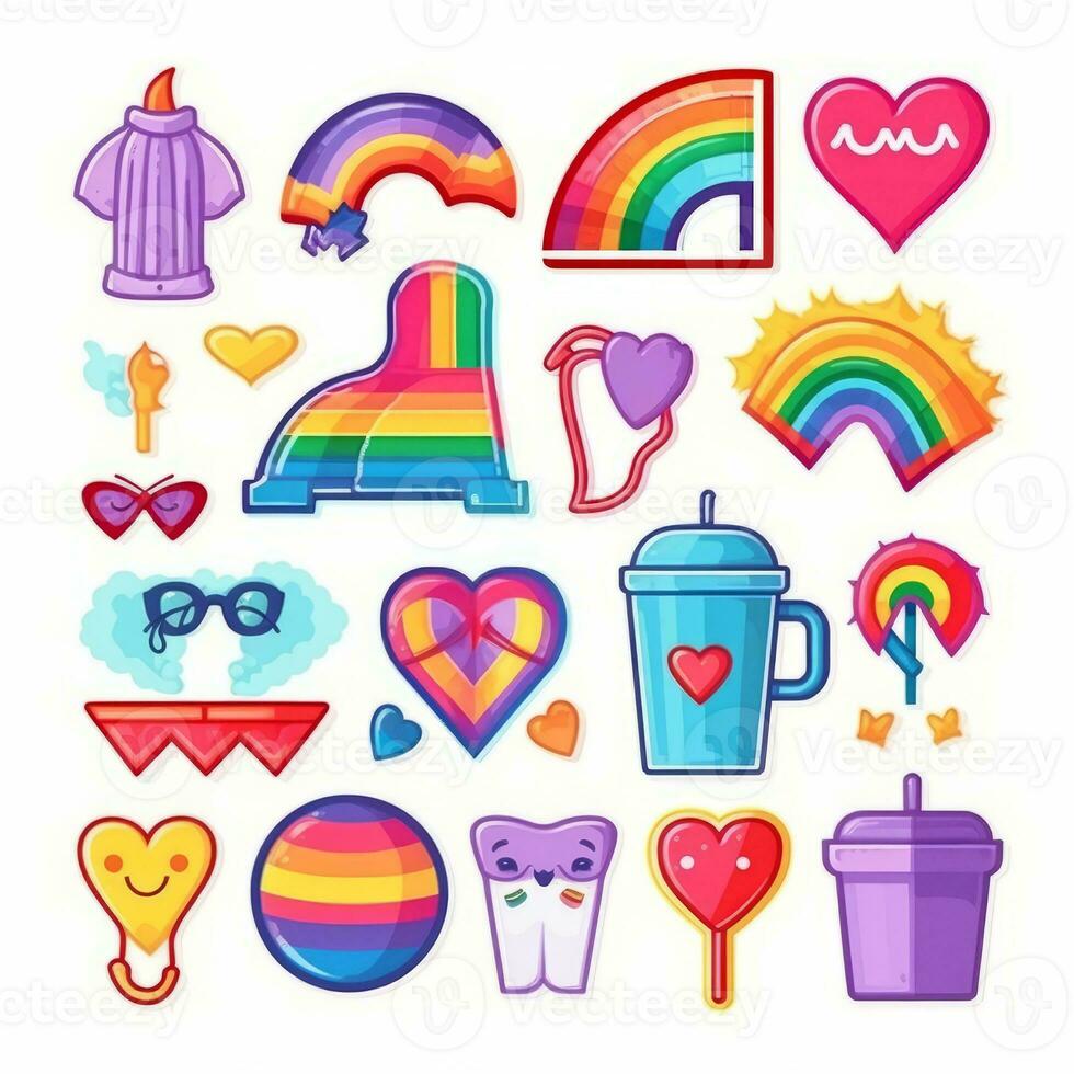 A set of stickers, an LGBTQ icon set. Symbols associated with pride Month in LGBT flag colors. Lips, hand holding a heart, flags, umbrella, glasses, lettering, rainbow. Vector. Generative Ai photo