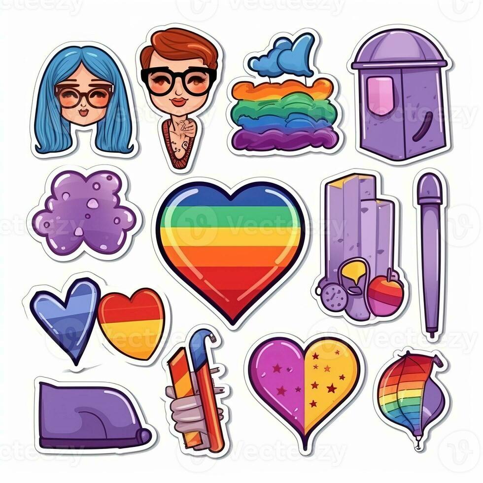 A set of stickers, an LGBTQ icon set. Symbols associated with pride Month in LGBT flag colors. Lips, hand holding a heart, flags, umbrella, glasses, lettering, rainbow. Vector. Generative Ai photo