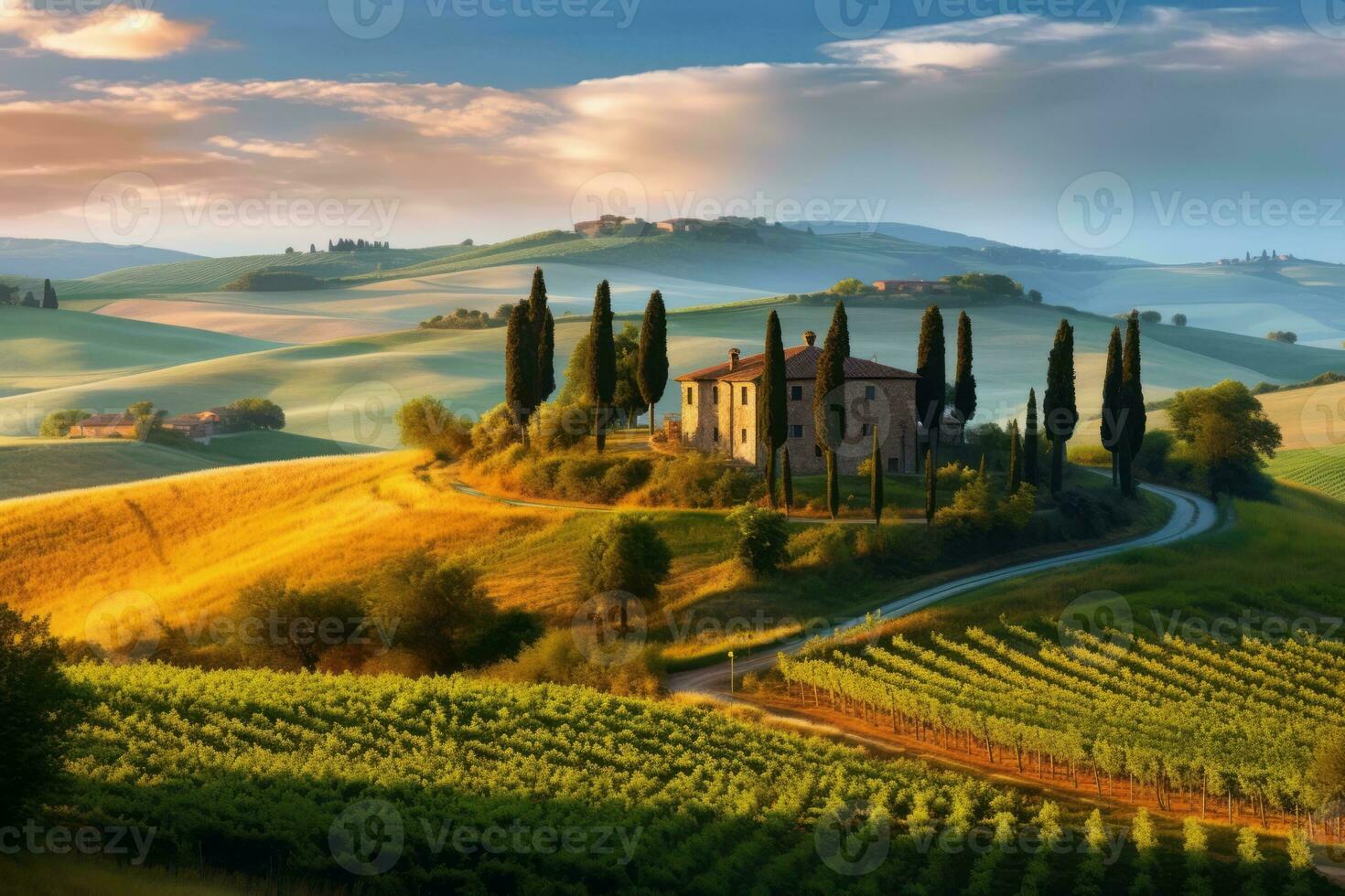 A serene image of the Tuscan countryside, with rolling hills, vineyards, and cypress trees, depicting the tranquility and beauty of the region. Generative Ai photo