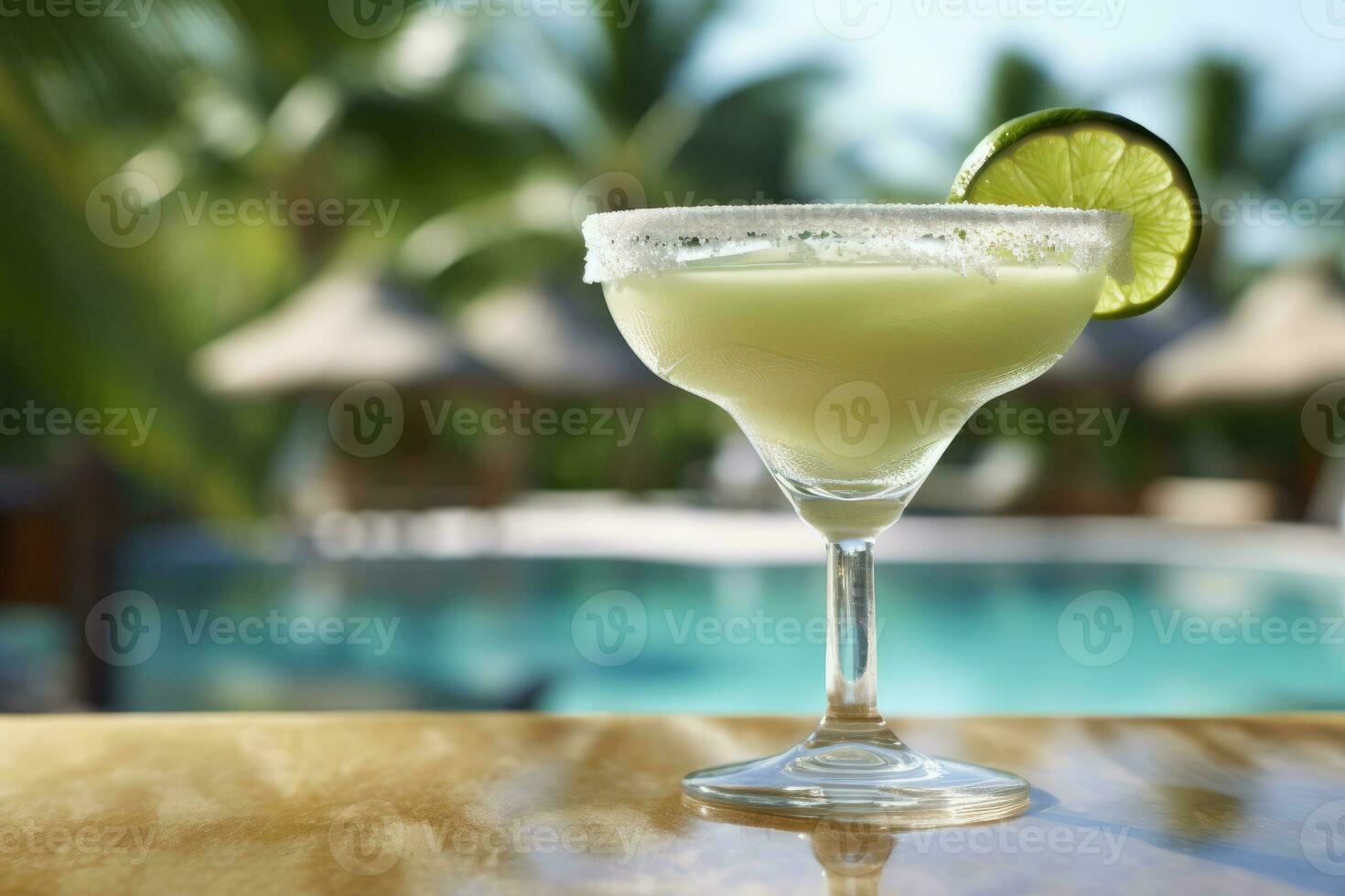A shot of a frozen margarita in a salt-rimmed glass, against a beach or poolside setting, conjuring up images of vacations and relaxation. Generative AI photo