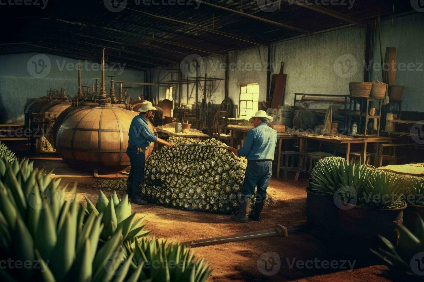 A shot of a tequila distillery in Mexico, with workers tending to the agave plants and stills, emphasizing the traditional and artisanal nature of the product. Generative AI photo
