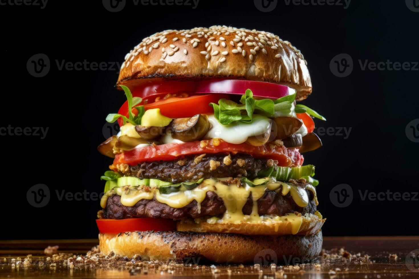 A side view of a Portobello mushroom burger on a sesame seed bun, with layers of condiments and toppings neatly arranged, emphasizing its gourmet presentation. Generative AI photo