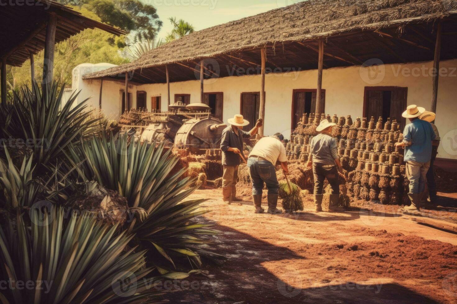 A shot of a tequila distillery in Mexico, with workers tending to the agave plants and stills, emphasizing the traditional and artisanal nature of the product. Generative AI photo