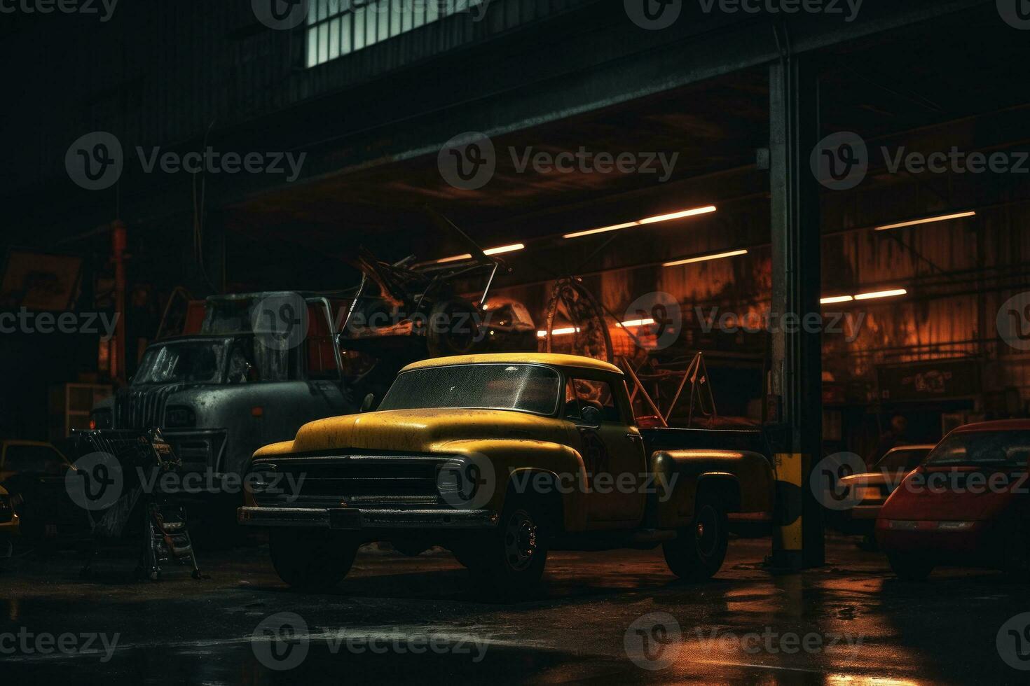 A shot of a tow truck operator delivering a vehicle to an auto repair shop, showcasing the seamless transition from towing to repair services. Generative AI. photo