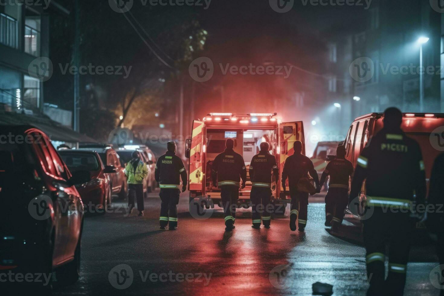 A shot of an ambulance crew arriving first at the scene of an emergency, showcasing the critical role of emergency response services in saving lives. Generative Ai photo