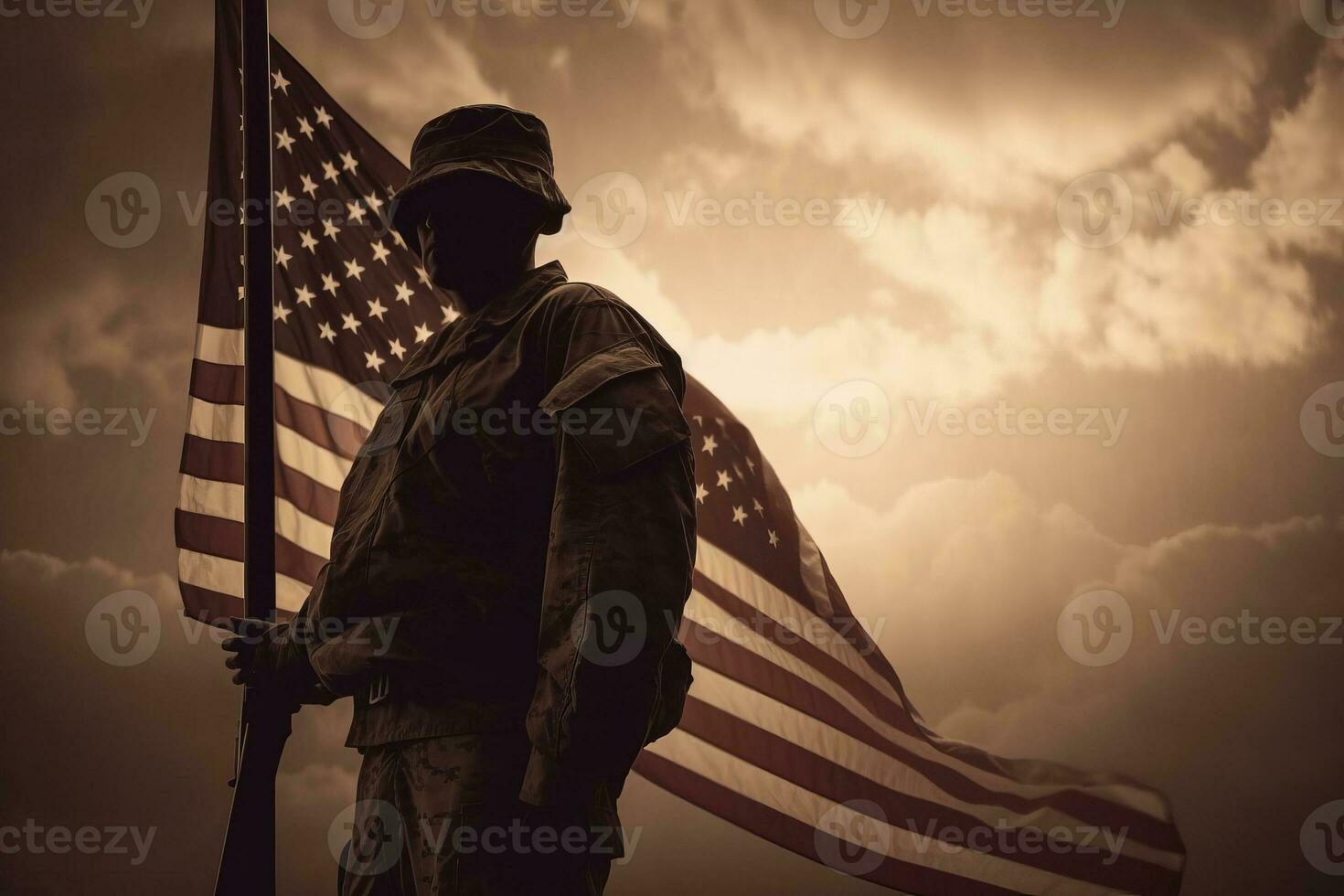 A silhouette of a soldier in uniform, with the American flag waving in the background. Greeting card for Veterans Day, Memorial Day, Independence Day. America celebration. Generative Ai photo