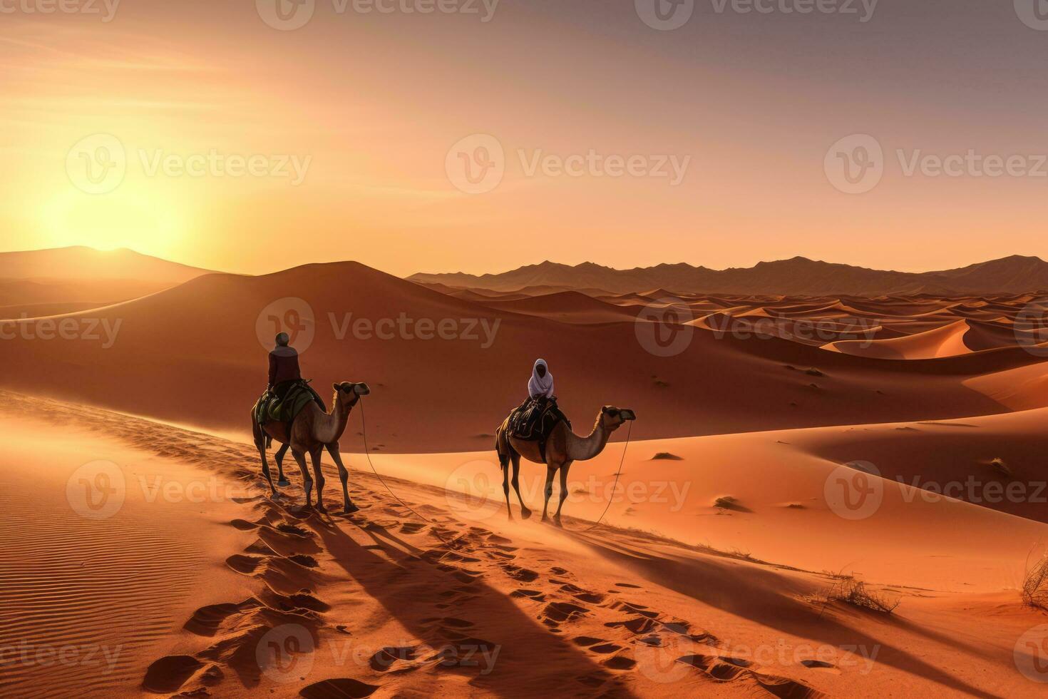 A stunning desert landscape image featuring the golden dunes of the nearby Sahara Desert, with a camel caravan in the distance, evoking the sense of adventure and exploration. Generative Ai photo