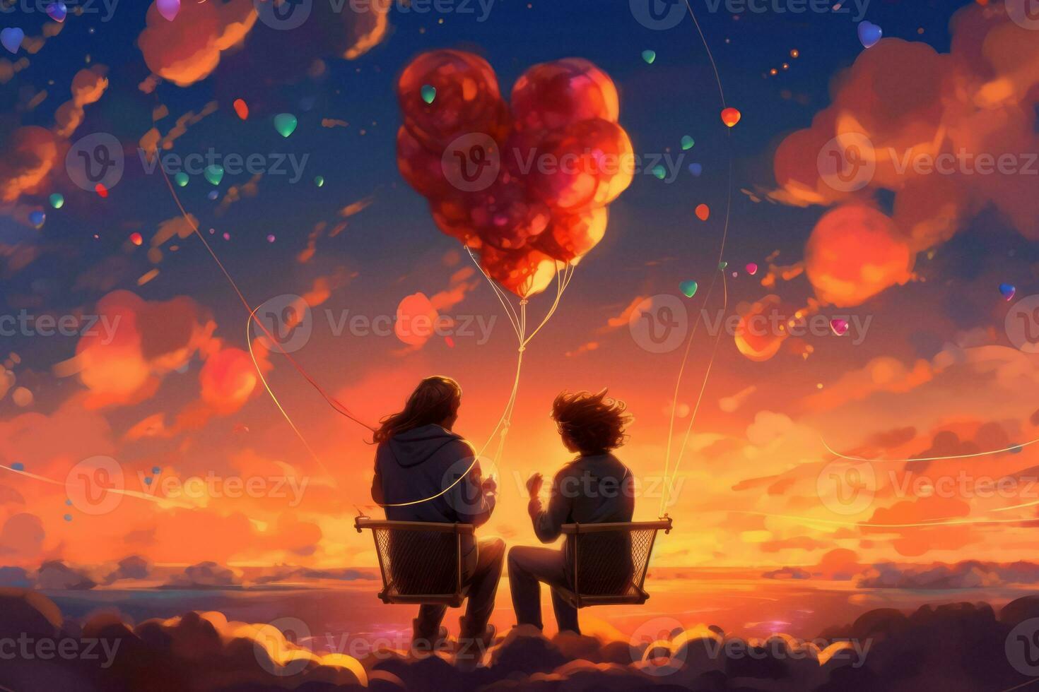 A surreal illustration of a couple sitting on a cloud, with their hearts connected by a string of colorful balloons, vivid sunset sky, representing the joy and happiness found in love. Generative AI photo