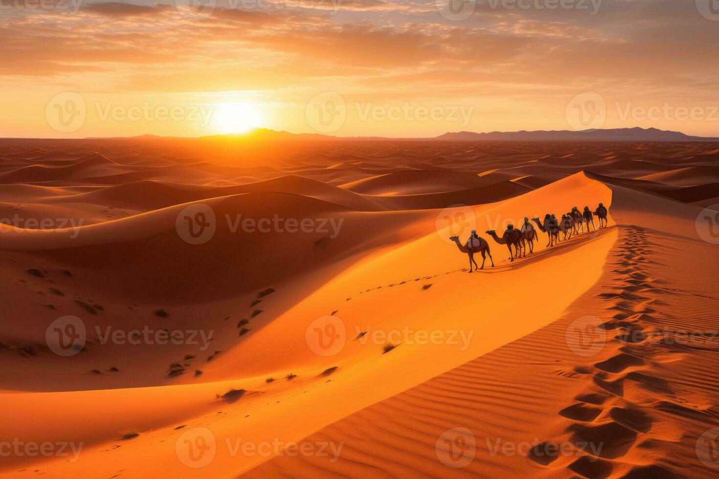A stunning desert landscape image featuring the golden dunes of the nearby Sahara Desert, with a camel caravan in the distance, evoking the sense of adventure and exploration. Generative Ai photo