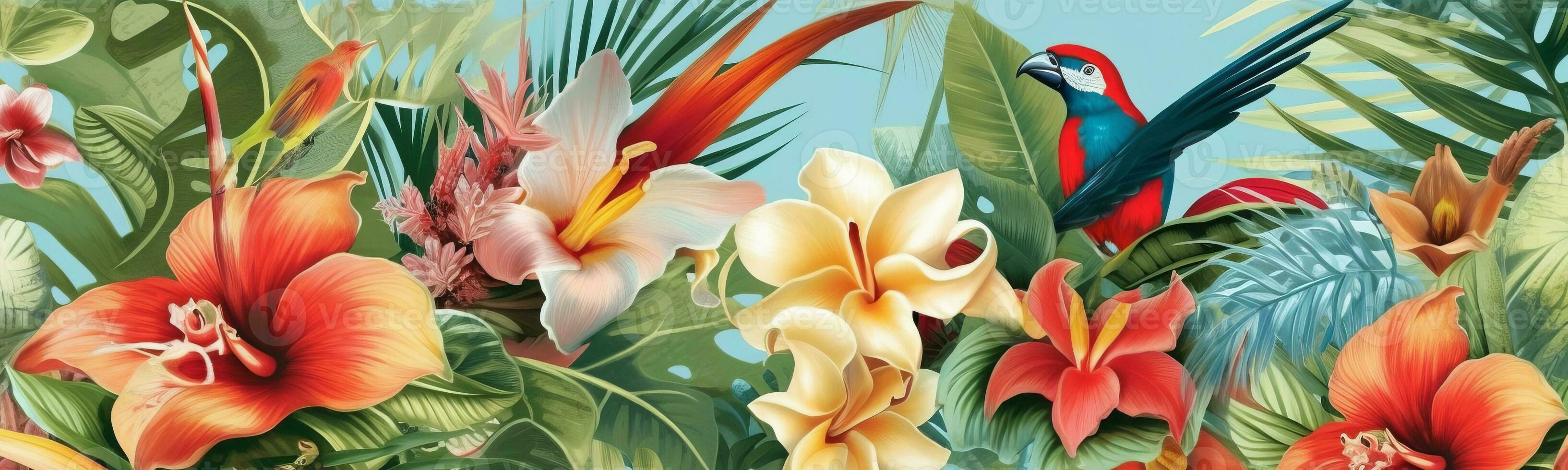 A stylized banner featuring an illustration of a tropical paradise, with exotic flowers such as orchids, hibiscus, and bird of paradise, surrounded by lush greenery. Generative AI photo