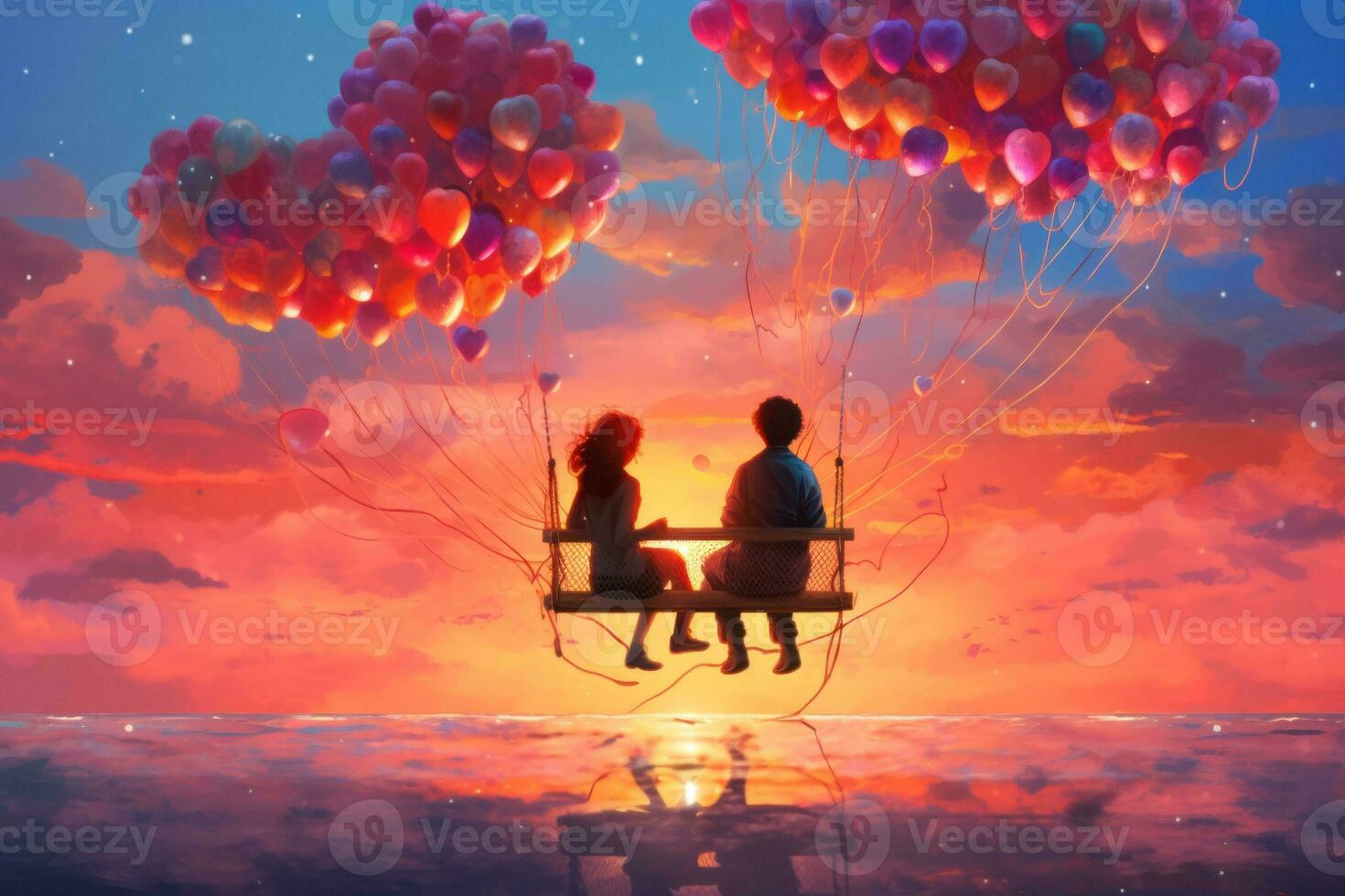 A surreal illustration of a couple sitting on a cloud, with their hearts connected by a string of colorful balloons, vivid sunset sky, representing the joy and happiness found in love. Generative AI photo