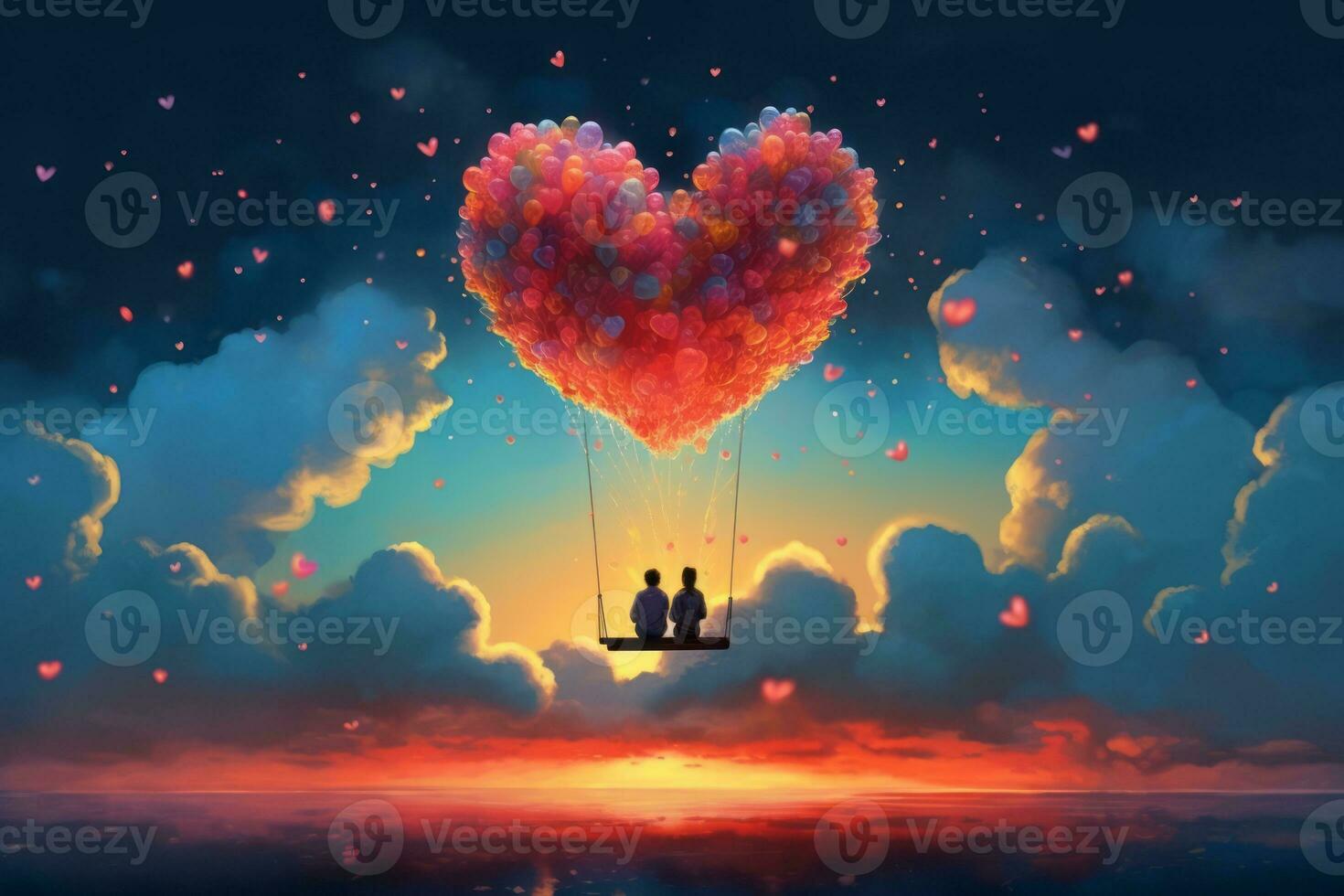 A surreal illustration of a couple sitting on a cloud, with their hearts connected by a string of colorful balloons, vivid sunset sky, representing the joy and happiness found in love. Generative AI photo