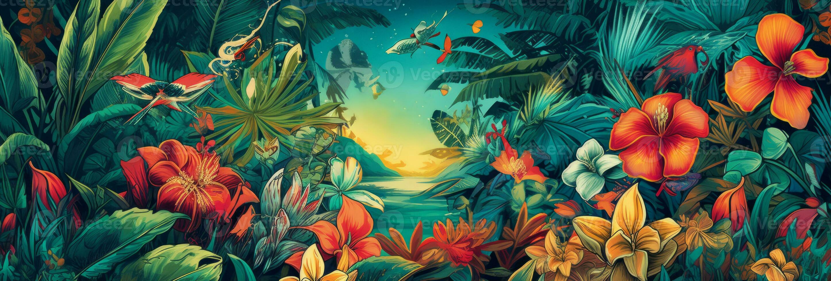 A stylized banner featuring an illustration of a tropical paradise, with exotic flowers such as orchids, hibiscus, and bird of paradise, surrounded by lush greenery. Generative AI photo