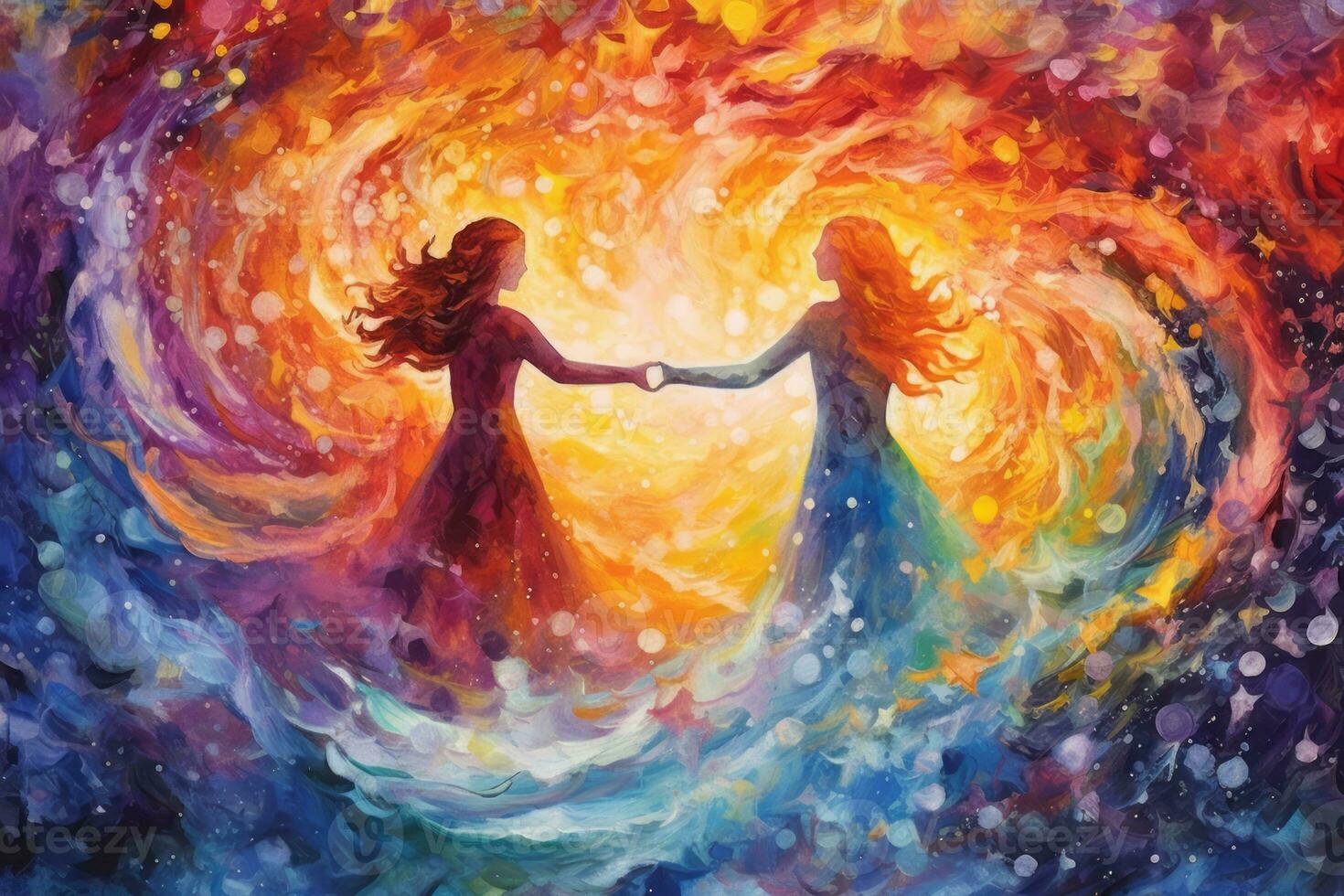 Surreal illustration of two figures floating in a sea of vibrant watercolor swirls, with their hands reaching out to touch, Connection and unity in a deep and meaningful love. Generative Ai photo