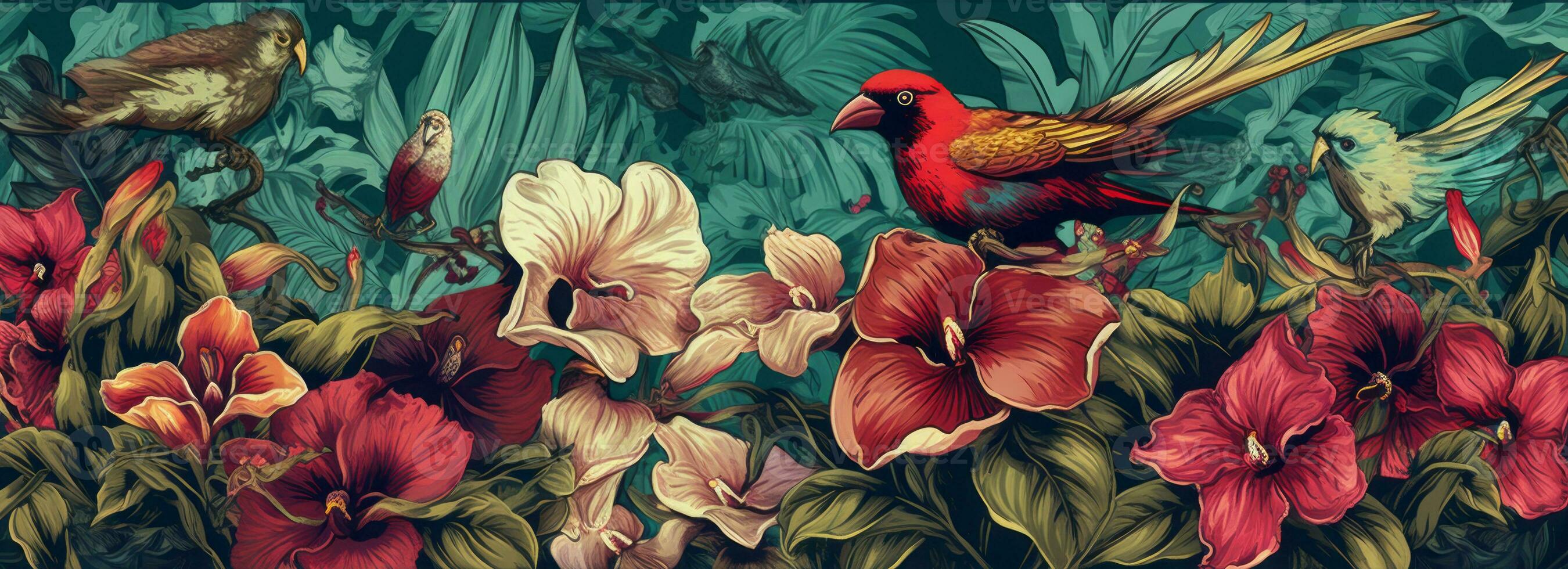 A stylized banner featuring an illustration of a tropical paradise, with exotic flowers such as orchids, hibiscus, and bird of paradise, surrounded by lush greenery. Generative AI photo