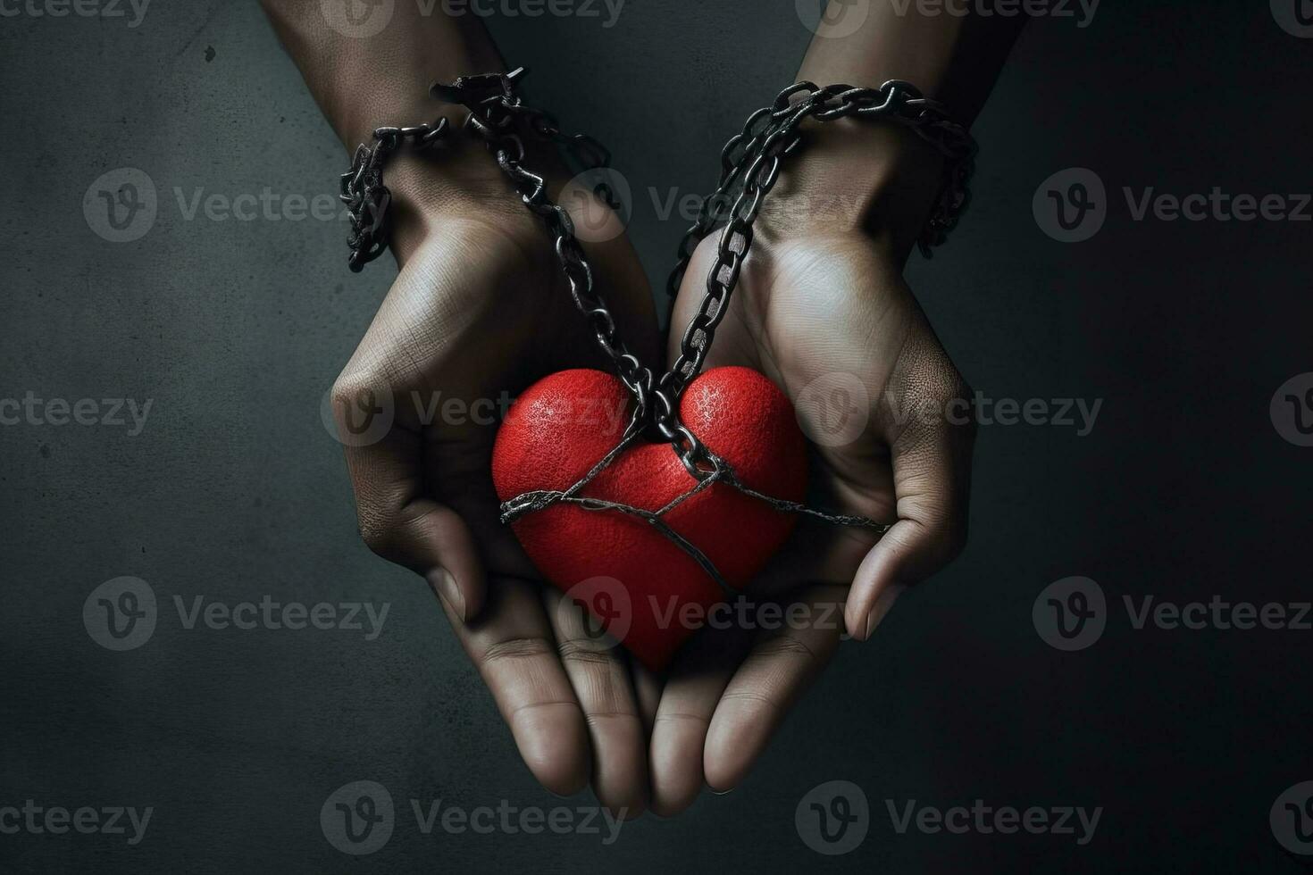 A surreal image of a person holding a red heart in hands connected by a chain, symbolizing the breaking of racial barriers. Generative AI photo