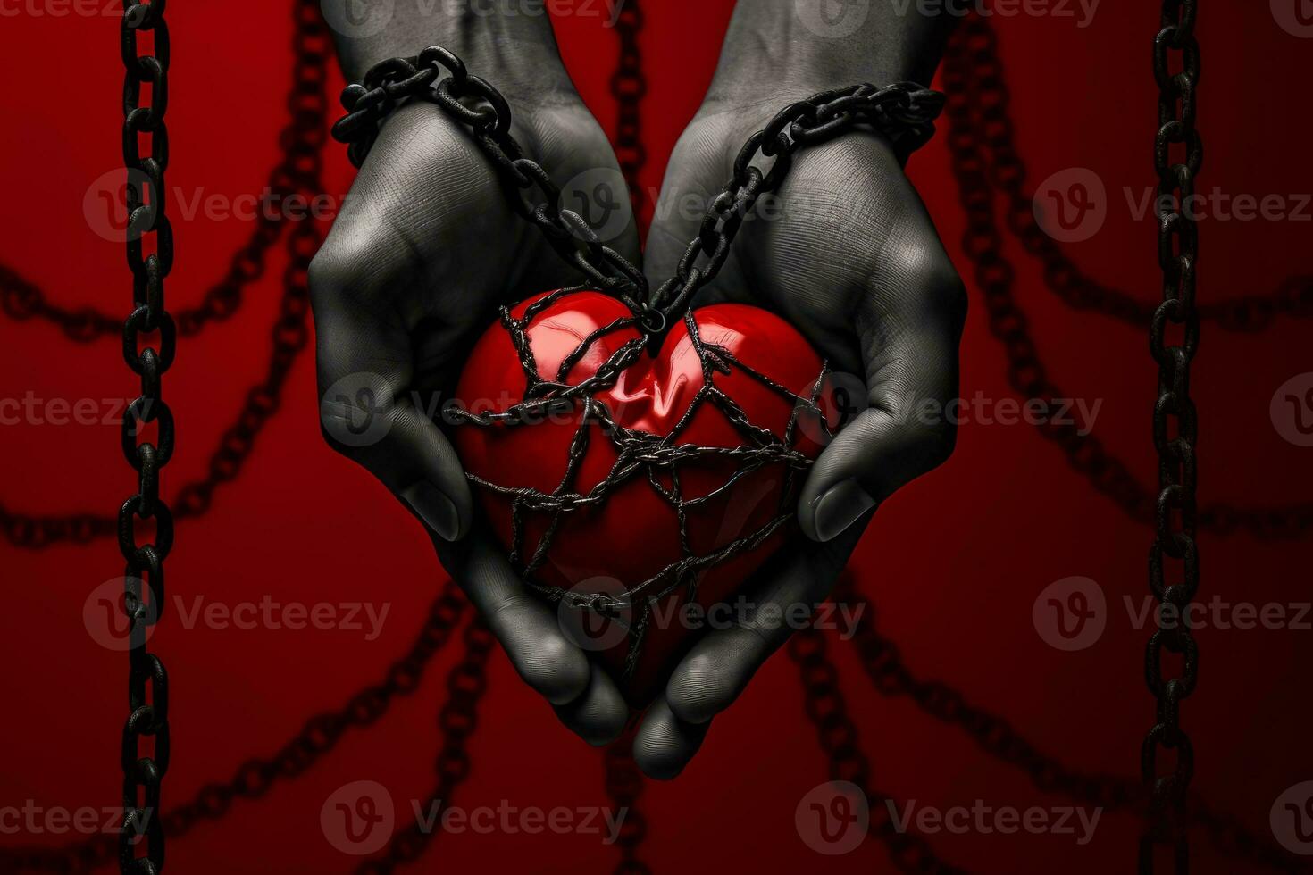 A surreal image of a person holding a red heart in hands connected by a chain, symbolizing the breaking of racial barriers. Generative AI photo