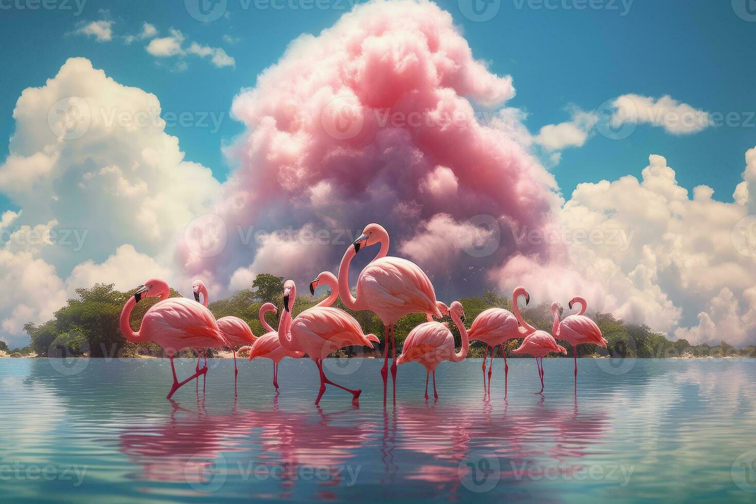 A surreal image of a group of flamingos enjoying a summer day at the beach, surrounded by pink flamingo-shaped clouds and palm trees. Generative AI photo