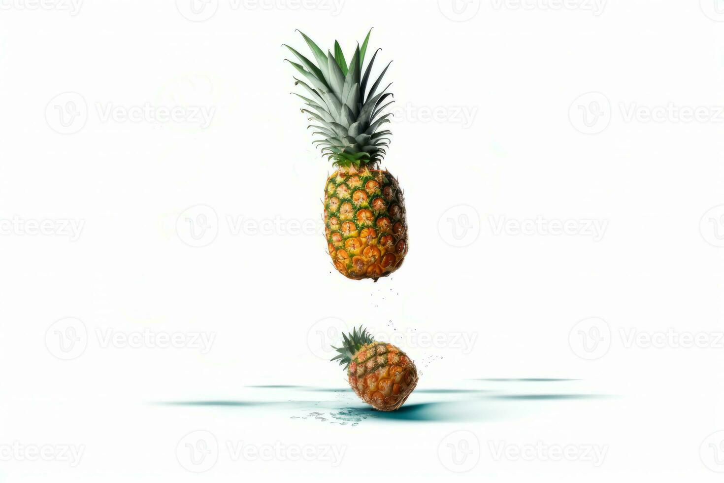 Ananas floating in mid-air. The ananas are shown in a variety of shapes and sizes on white background. Generative Ai photo