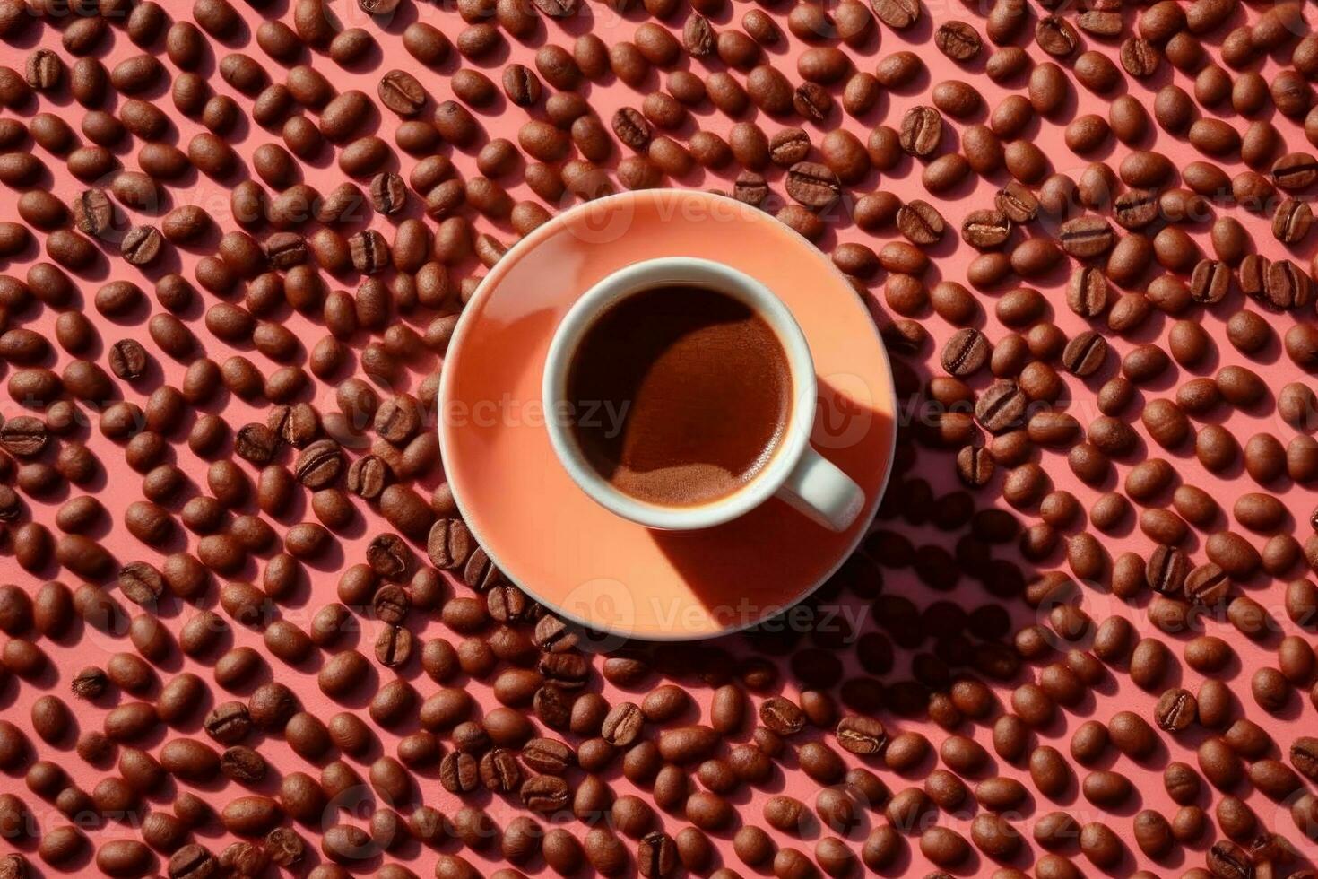 A top-down shot of an espresso cup on a saucer, surrounded by coffee beans arranged in a pattern. Generative AI photo