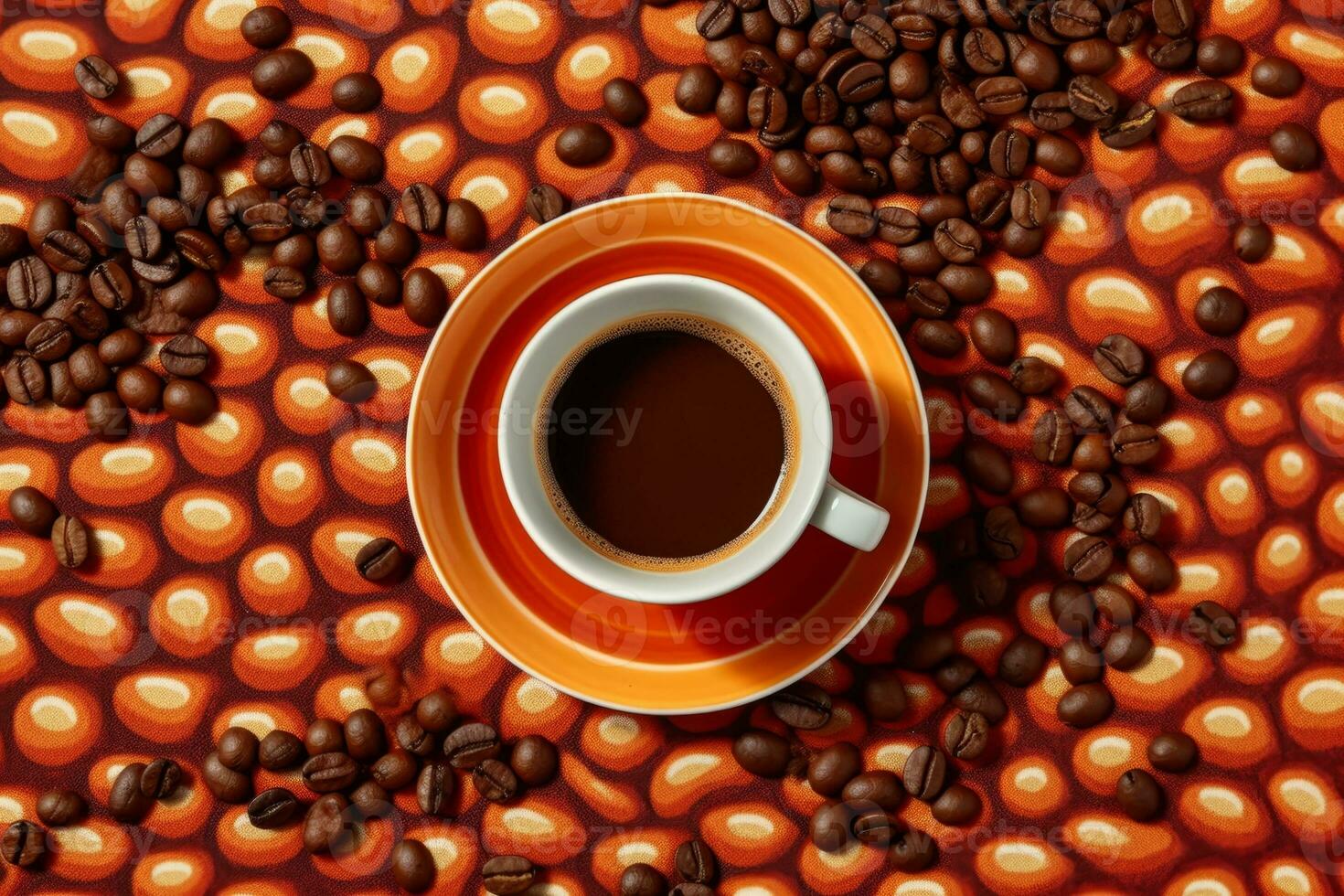 A top-down shot of an espresso cup on a saucer, surrounded by coffee beans arranged in a pattern. Generative AI photo
