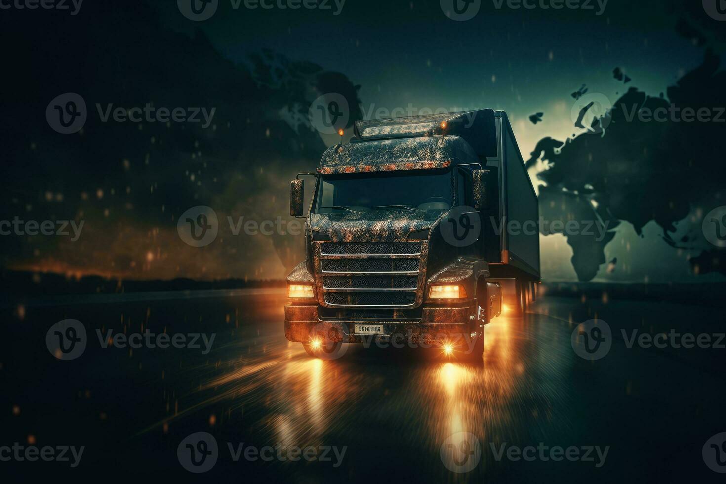 A truck is driving down a road with a world map behind it. The image is dark, but the headlights of the semi truck can be seen. A world map with lines and dots in the background. Generative AI photo