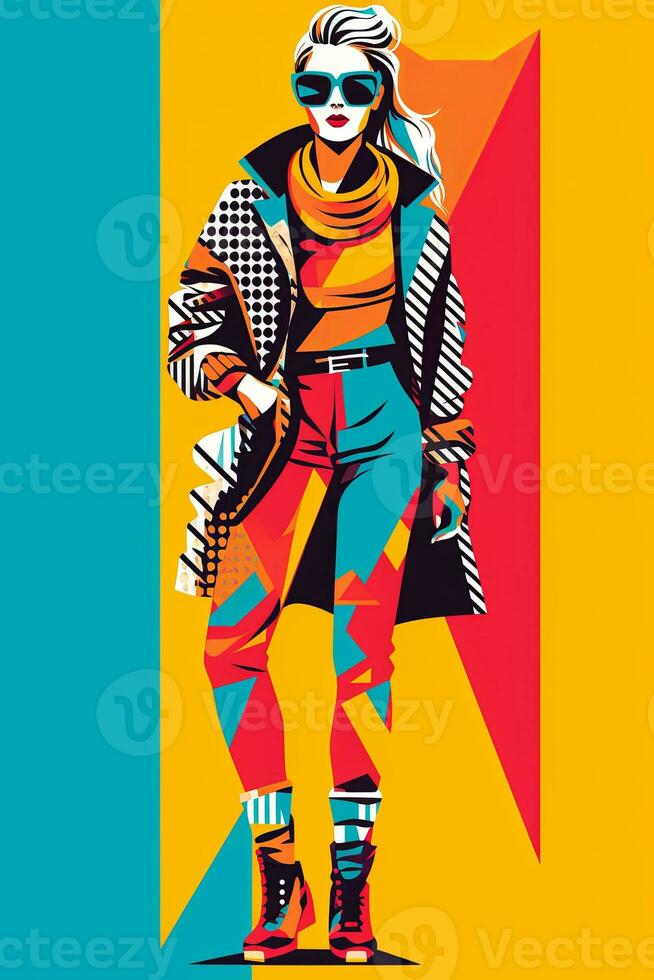 A vector illustration of a person wearing 80s fashion, featuring bold  patterns, bright colors, and iconic elements like leg warmers and oversized  sunglasses. Generative Ai 31548589 Stock Photo at Vecteezy