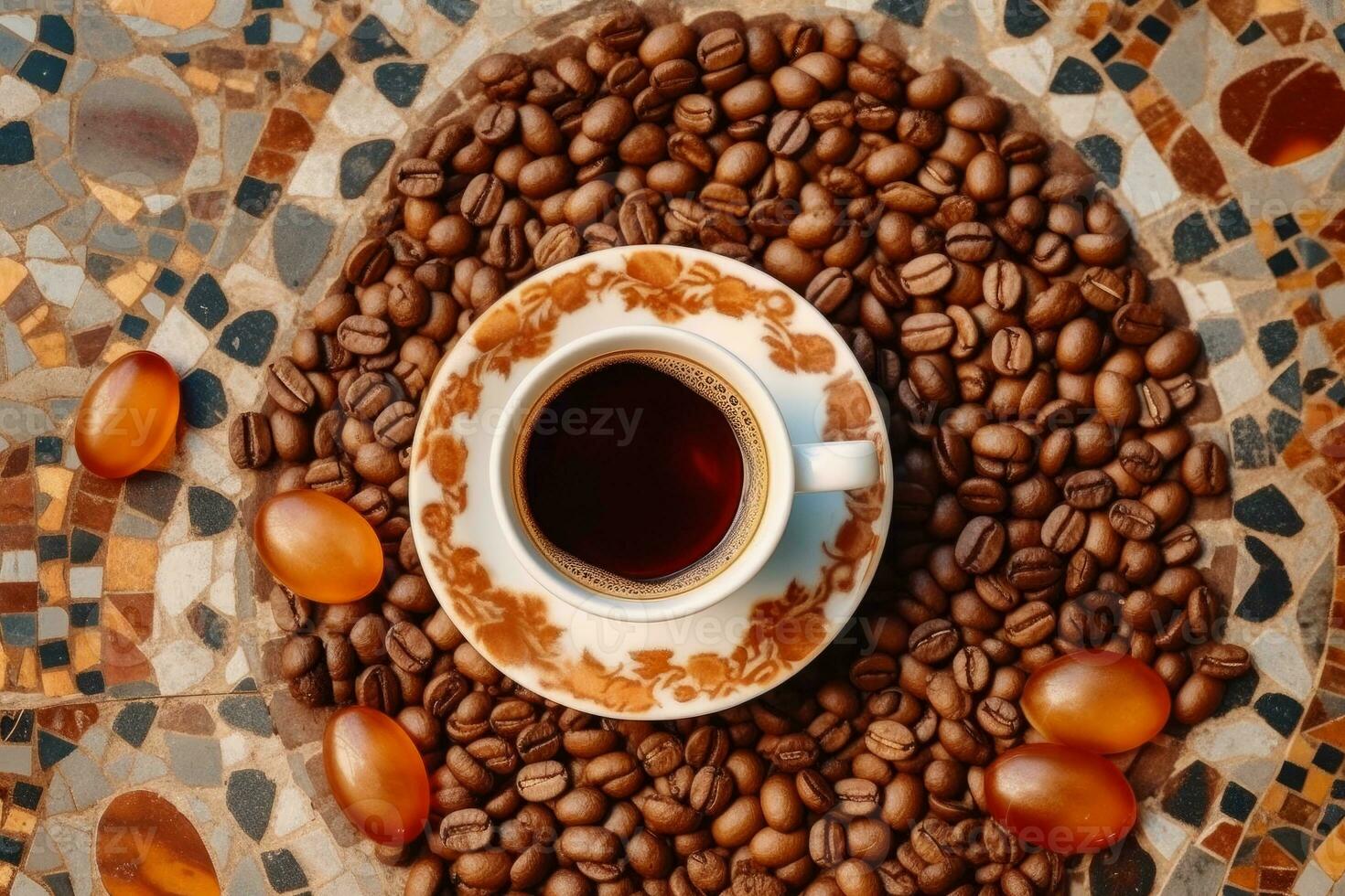 A top-down shot of an espresso cup on a saucer, surrounded by coffee beans arranged in a pattern. Generative AI photo