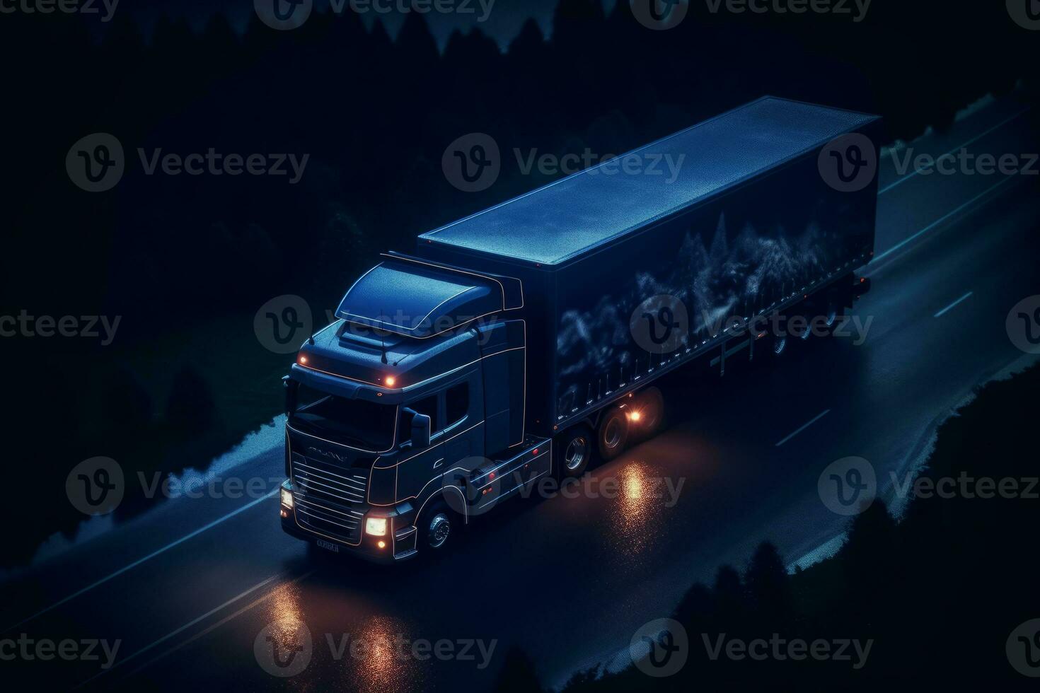 A truck is driving down a road with a world map behind it. The image is dark, but the headlights of the semi truck can be seen. A world map with lines and dots in the background. Generative AI photo