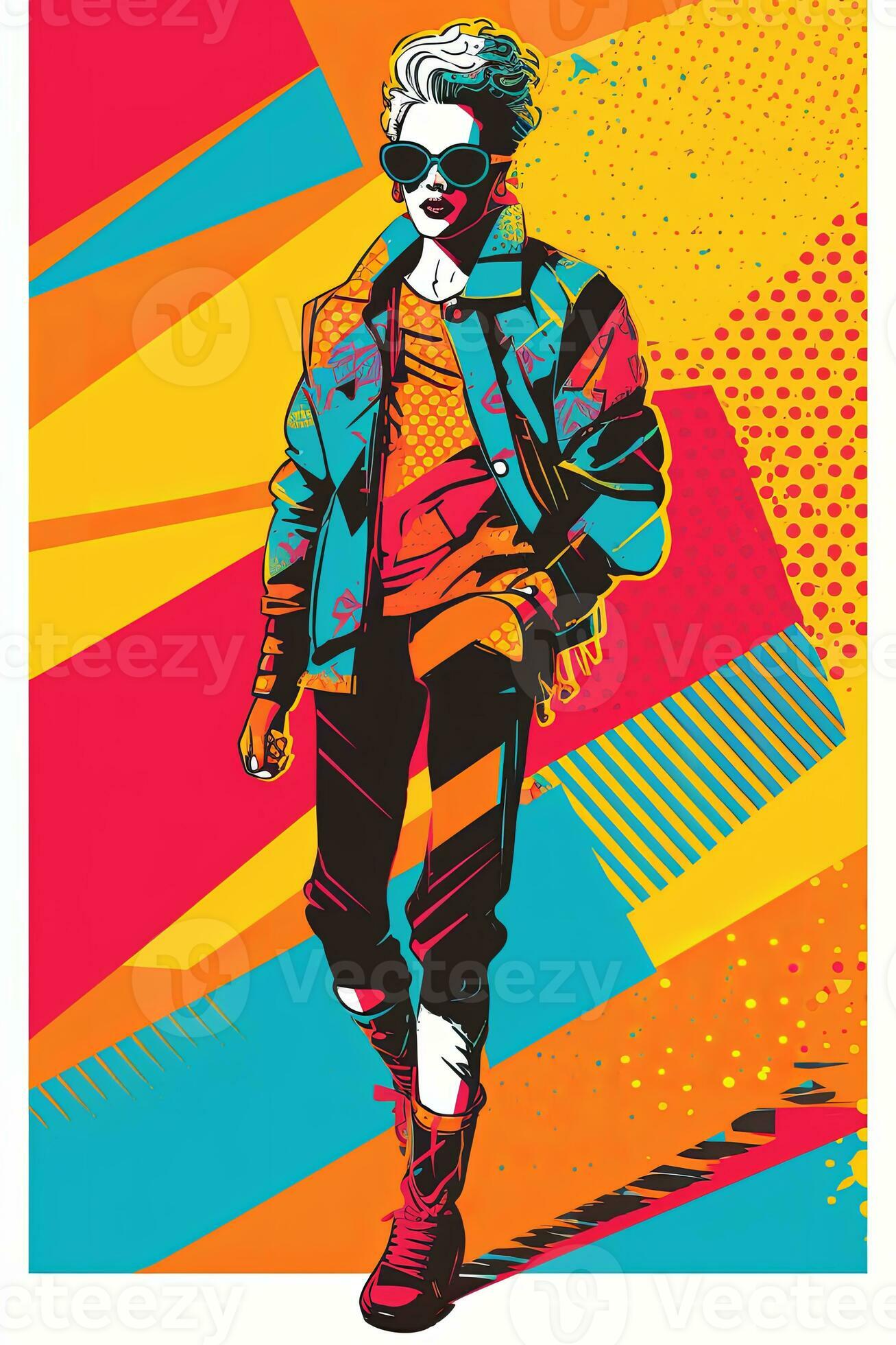 A vector illustration of a person wearing 80s fashion, featuring bold  patterns, bright colors, and iconic elements like leg warmers and oversized  sunglasses. Generative Ai 31548600 Stock Photo at Vecteezy