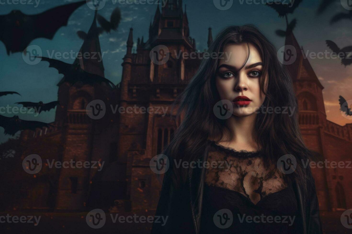 A vampire woman with sharp fangs and beautiful eyes, standing in front of a Gothic castle with bats flying in the background. Generative AI photo