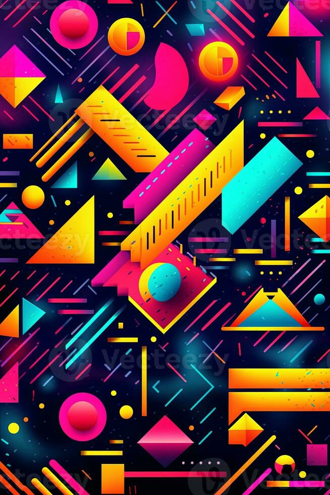 A vibrant and colorful poster background featuring geometric shapes, neon lights, and bold typography reminiscent of 90s rave flyers. Generative AI photo