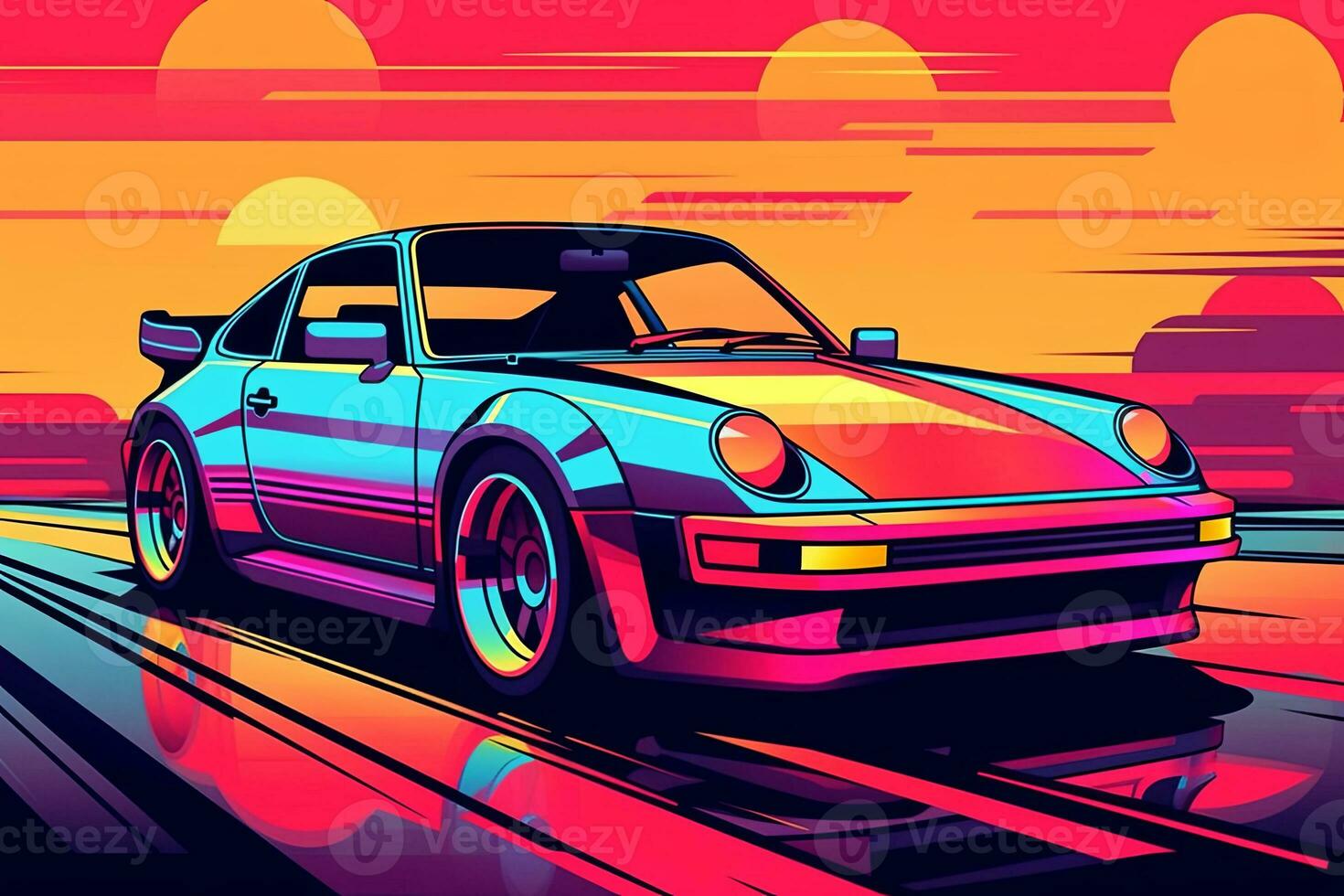 A vector illustration of a retro sports car with bold lines, vibrant colors, and a futuristic aesthetic, representing the iconic cars of the 80s. Generative AI photo
