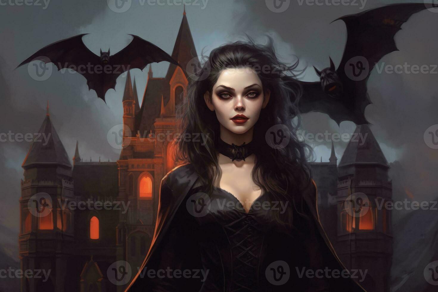 A vampire woman with sharp fangs and beautiful eyes, standing in front of a Gothic castle with bats flying in the background. Generative AI photo