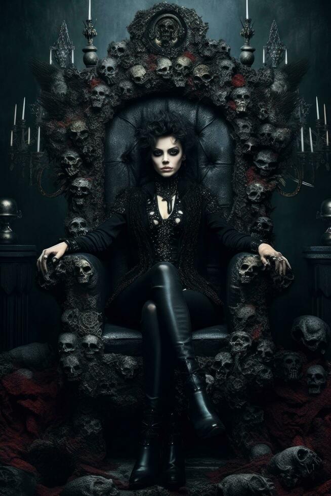 A vampire woman sitting on a throne made of skulls with her hands on the armrests, looking menacingly at the viewer. Generative AI photo