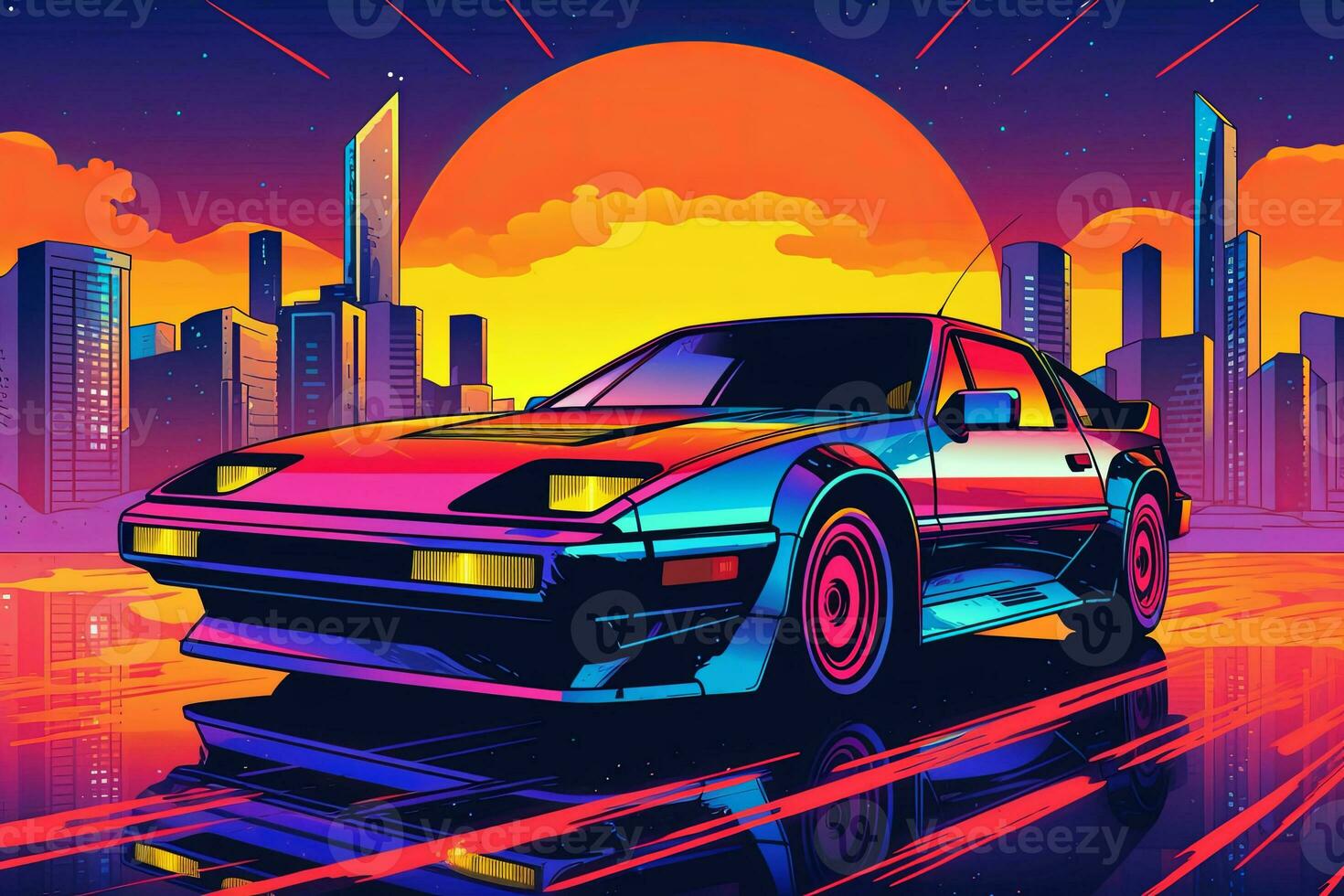 A vector illustration of a retro sports car with bold lines, vibrant colors, and a futuristic aesthetic, representing the iconic cars of the 80s. Generative AI photo