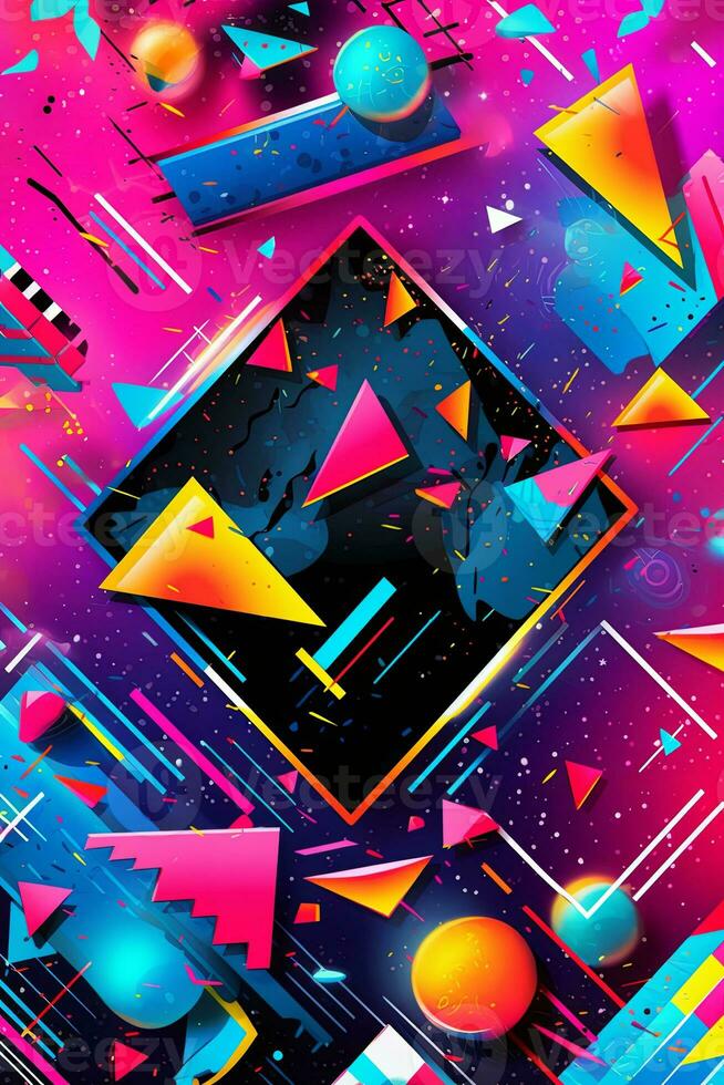 A vibrant and colorful poster background featuring geometric shapes, neon lights, and bold typography reminiscent of 90s rave flyers. Generative AI photo