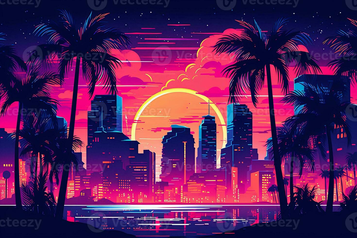 A vibrant poster vector illustration of a cityscape at night with neon lights, palm trees, and retro buildings, evoking the atmosphere of an 80s metropolis. Generative Ai photo