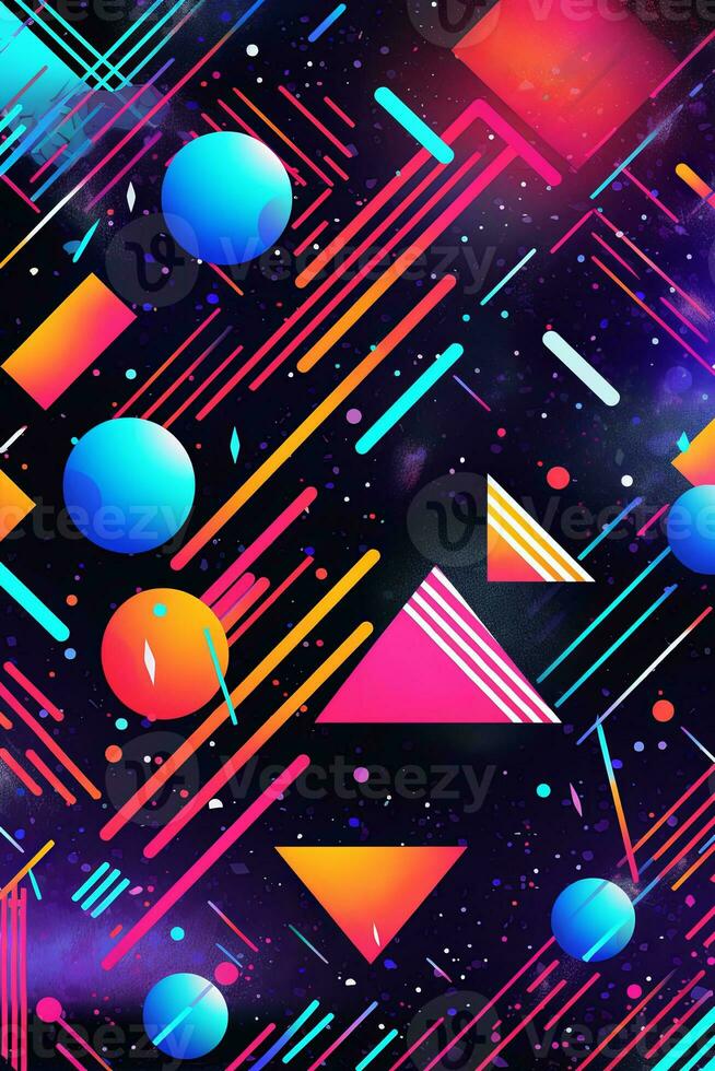 A vibrant and colorful poster background featuring geometric shapes, neon lights, and bold typography reminiscent of 90s rave flyers. Generative AI photo