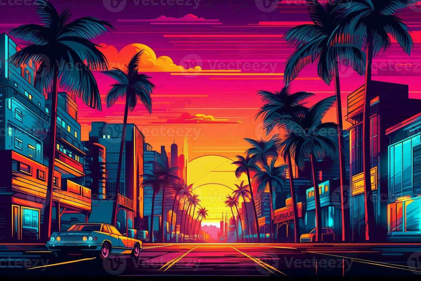A vibrant poster vector illustration of a cityscape at night with neon lights, palm trees, and retro buildings, evoking the atmosphere of an 80s metropolis. Generative Ai photo